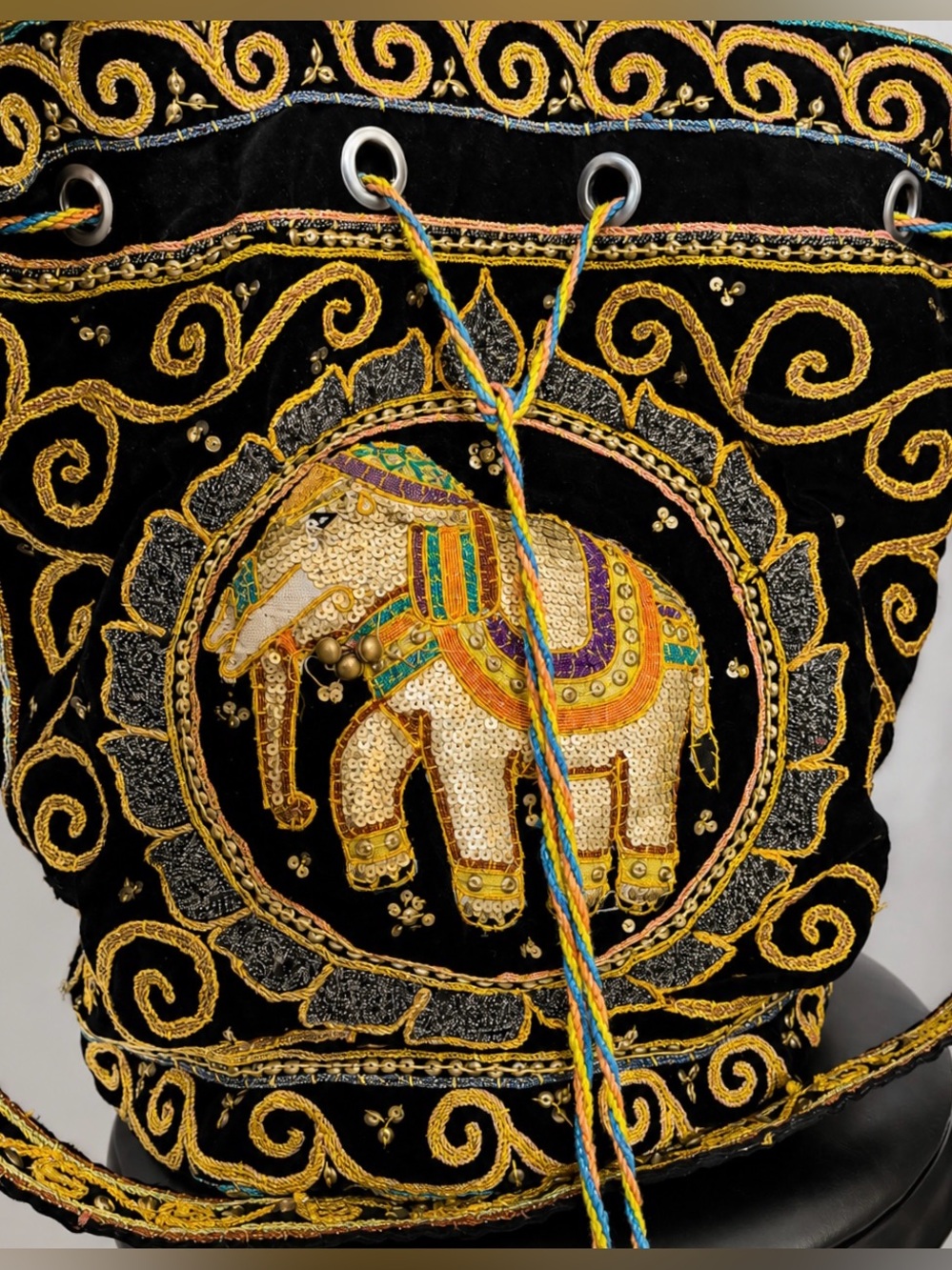 Hand Embroidered Velvet Elephant Bucket Bag Boho Luxe